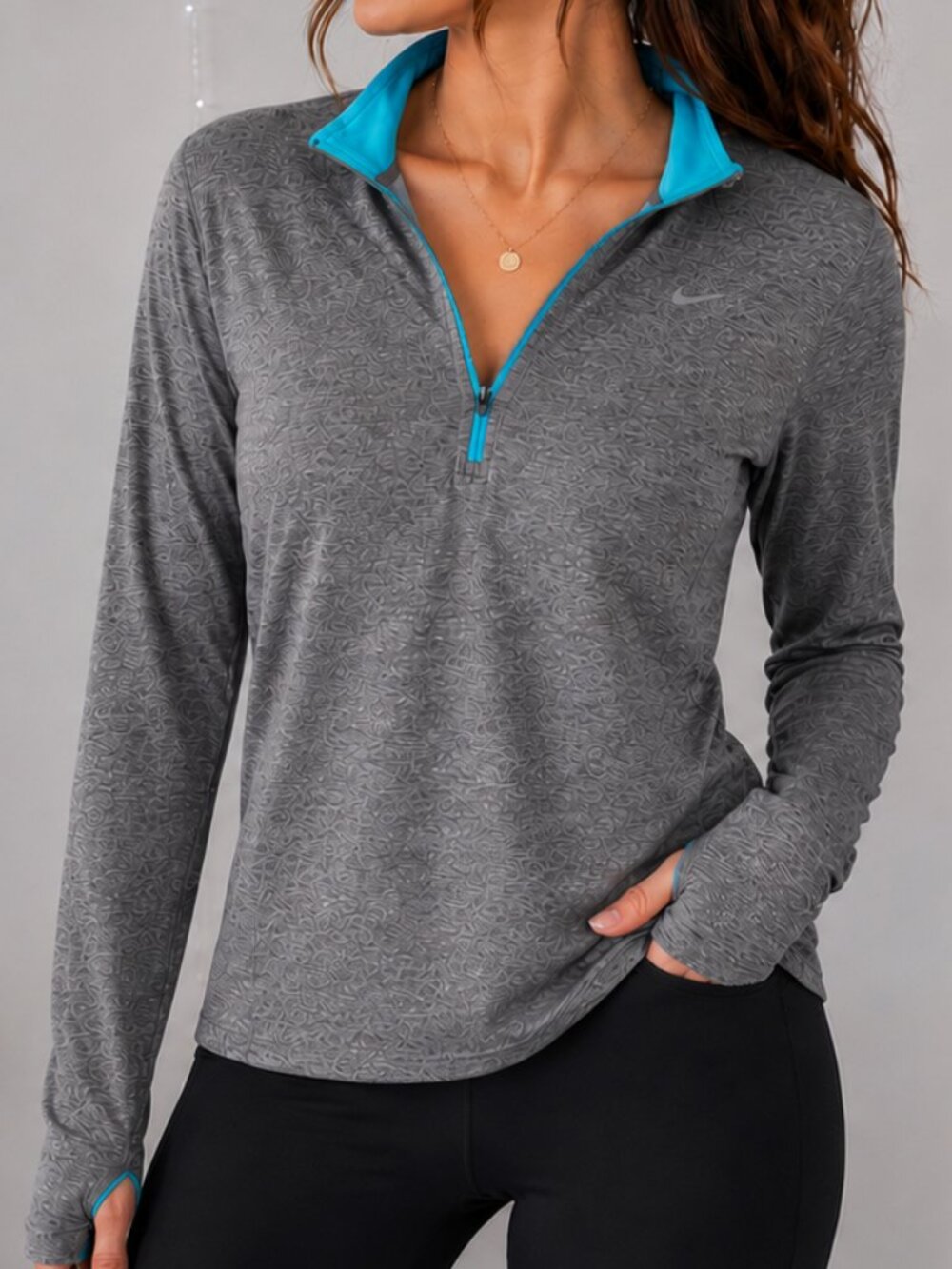 Nike Dri-FIT Gray 1/4 Zip Pullover Women's Medium Teal Long Sleeve Running Top